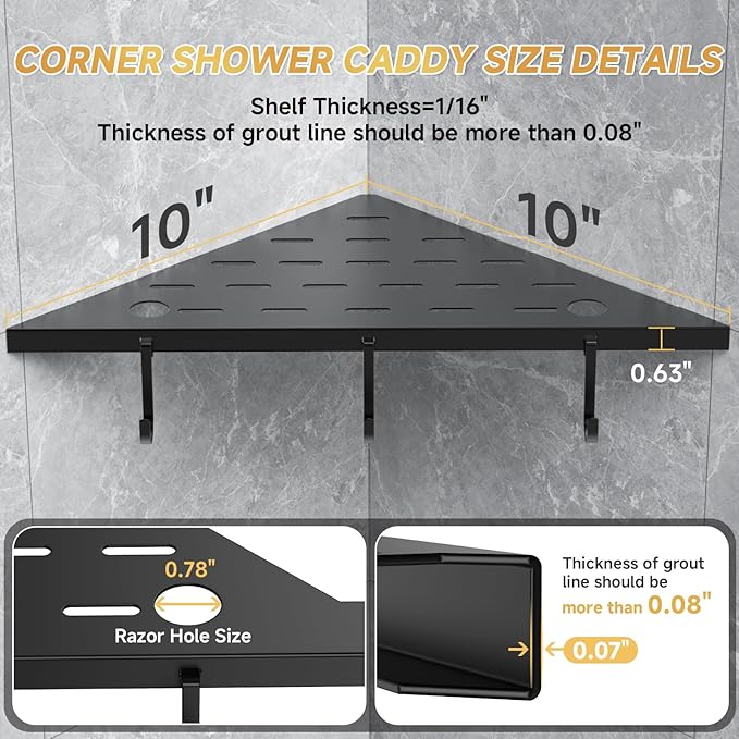 Corner Shower Shelf 10" Matte Black 304 Stainless Steel Recessed Shelf for Bathroom，Shower Corner Rack with Razor Hole Hook，Grout in Shelf for Tiled Wall, 2 Pack