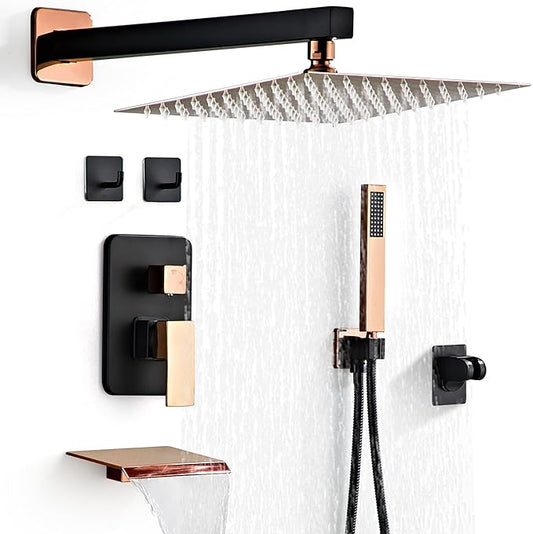 Shower Faucet Set with Tub Spout, Matte Black and Rose Gold Rainfall Shower System Complete Wall Mounted for Bathroom with 10 Inch Square Shower Head and Handheld Shower Head Rain Mixer Combo