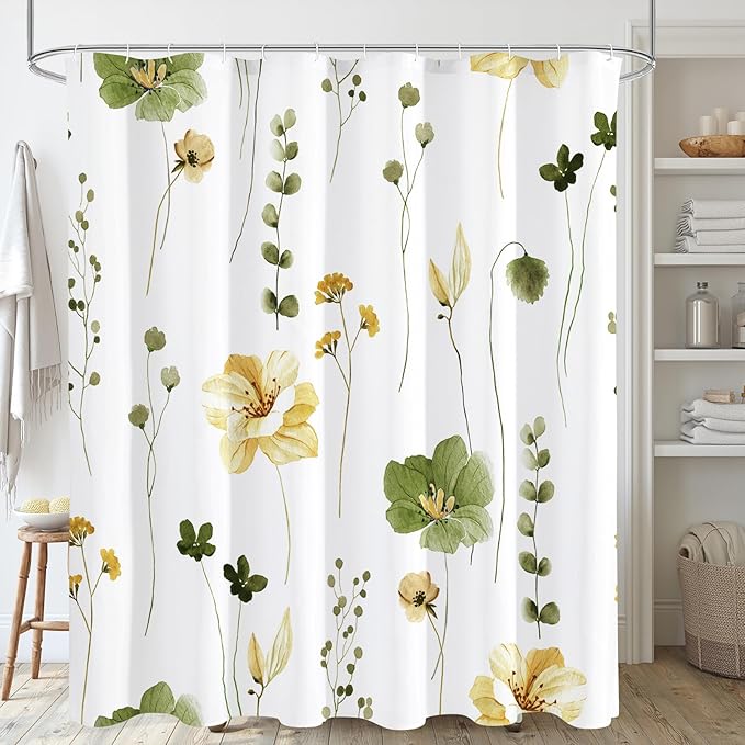 Gibelle Long Shower Curtain 72 x 78, Watercolor Floral Fabric Shower Curtain, Olive Green Beige Flower Decorative Bathroom Shower Curtain Set