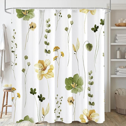 Gibelle Long Shower Curtain 72 x 78, Watercolor Floral Fabric Shower Curtain, Olive Green Beige Flower Decorative Bathroom Shower Curtain Set