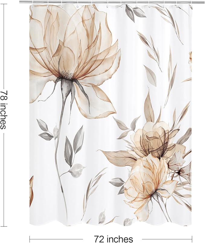 Long Boho Watercolor Floral Shower Curtain 72 x 78, Light Brown and Grey Ink Painting Style Flower Shower Curtains for Chic Elegant Bathroom, Artistic Tan 78 Inch Long Fabric Shower Curtain