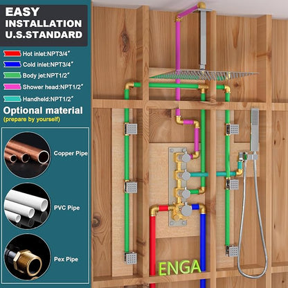 Enga Shower Jets System in Wall, 16 Inch Rain Shower Head with Body Spray Thermostatic Shower Faucet Set, Can Use All Functions At a Time (Volume Adjustable)