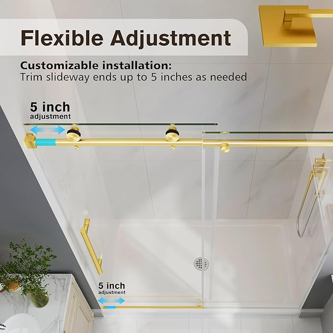 Frameless Glass Shower Door, 49-54" W x 76" H Sliding Frameless Shower Door, 1/4''(6mm) SGCC Tempered Glass, Explosion-Proof Film Nano Coating, Stainless Steel Hardware, Brushed Gold