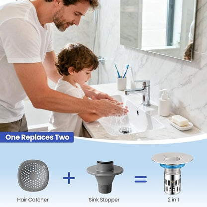 Universal Bathroom Sink Stopper, Pop Up Sink Drain Strainer Plug with Removable Stainless Steel Filter Basket Hair Catcher,Solid Brass Body,Bathroom Bathtub Drain Stopper,Brushed Silver