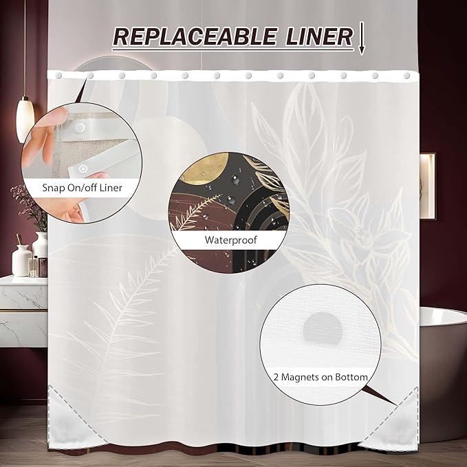 Dark Brown Boho See Through Mesh Top Shower Curtain with Window, Black and Brown Mid Century Modern Double Layer Shower Curtains with Snap in Liner, Waterproof Fabric with Hooks, 71x72 in