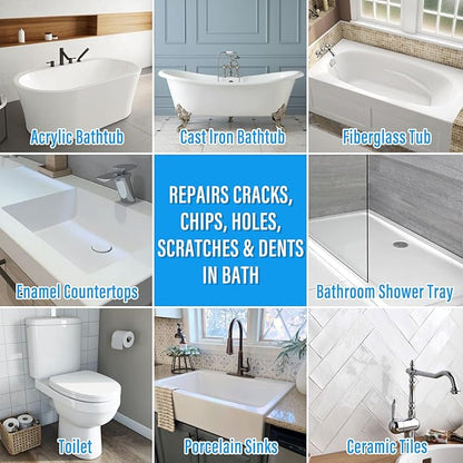 Tub Repair Kit White, Tub Chip and Bathtub Repair Kit for Enamel, Fiberglass, Acrylic, Porcelain, Patch and Repairs Chips, Crack, Scratches, Rust, Holes on Tubs, Toilet, Sink, Shower, Tray in Bathroom