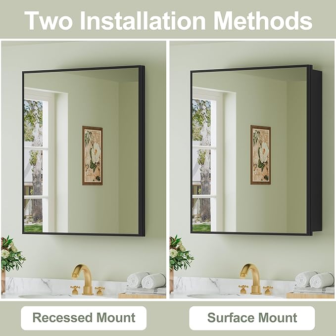 Buruis 24" x 30" Framed Medicine Cabinet with Mirror, Recessed or Wall Mounted Bathroom Cabinet, Adjustable Tempered Glass Shelves, Left/Right Open Reversible, No Assembly Required, Black