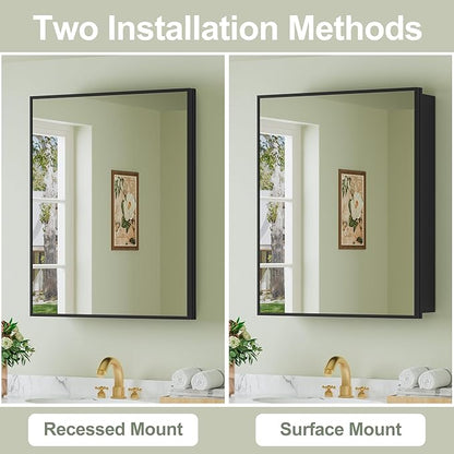 Buruis 24" x 30" Framed Medicine Cabinet with Mirror, Recessed or Wall Mounted Bathroom Cabinet, Adjustable Tempered Glass Shelves, Left/Right Open Reversible, No Assembly Required, Black
