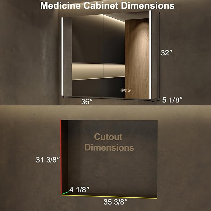 Medicine Cabinet with LED Lights and Mirror, 36 x 32 Inch Surface or Recessed Mounted Bathroom Cabinets with Door, Defogger, Memory Function, 3-Color Mode, Outlet&USB, Dimmer, Storage Shelf