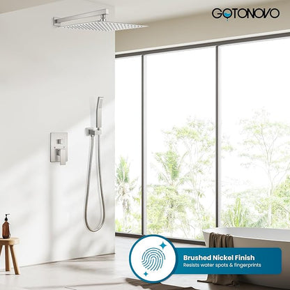 gotonovo Rainfall Bathroom Shower System Rain Shower Head and Handle Set Wall Mounted Shower Complete Combo Solid Brass Pressure Balancing Shower Mixer Valve 16 Inch Brushed Nickel