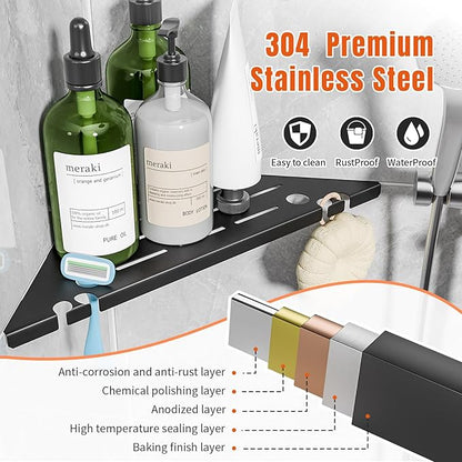 Shower Corner Shelf Organizer Rack with Hooks & Razor Hole, No Drilling Tile Shower Shelves, Rustproof Stainless Steel Bathroom Shelves Basket, Modern Corner Shelf for Bathroom, 2Pack-Black