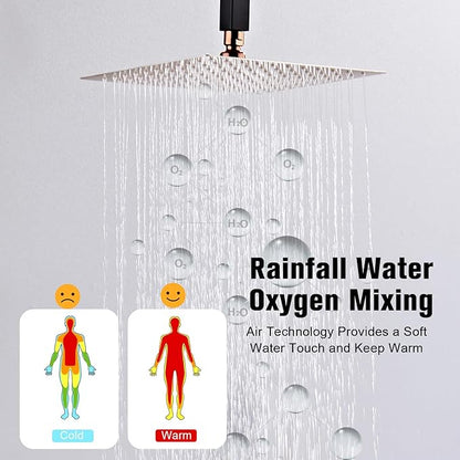 12 Inch Ceiling Mount Shower System Matte Black Gold Rain Mixer Shower Combo Set High Pressure Rainfall Shower Head System Bathroom Luxury Shower Faucet Set Rough-in Valve and Trim Included