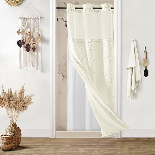 No Hooks Stall Shower Curtain with Snap in Liner- Water Repellent Tufted Chevron Striped Shower Curtains for Bath Tubs, Narrow Hotel Quality Bath Curtain Set, 36Wx74H, Beige