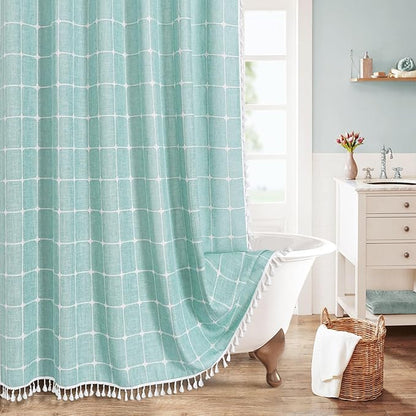 MitoVilla Teal Blue 72 x 78 Farmhouse Shower Curtain, Turquoise Boho 78 inch Long Polyester Linen Tassel Fabric Shower Curtain Set for Chic Cottagecore French Rustic Bathroom Decor