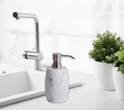 Resin Hand Soap Dispenser, Refillable Soap Dispenser with White Marble Look and Metallic Pump, Waterproof Bottle Labels for Bathroom Kitchen Dish Hand Wash Shower Lotion Shampoo (12 Oz)