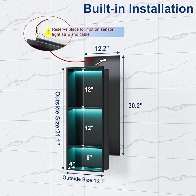 3-Tiers 12x30Inch Wall Niche with RGB LED Lights, Matte Black Recessed Shower Niche Cabinet, Stainless Steel Bathroom Shelf, NO Tile Needed Storage Organizer for Shower Wall