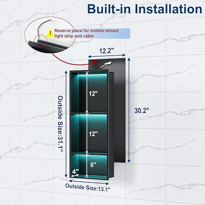 3-Tiers 12x30Inch Wall Niche with RGB LED Lights, Matte Black Recessed Shower Niche Cabinet, Stainless Steel Bathroom Shelf, NO Tile Needed Storage Organizer for Shower Wall