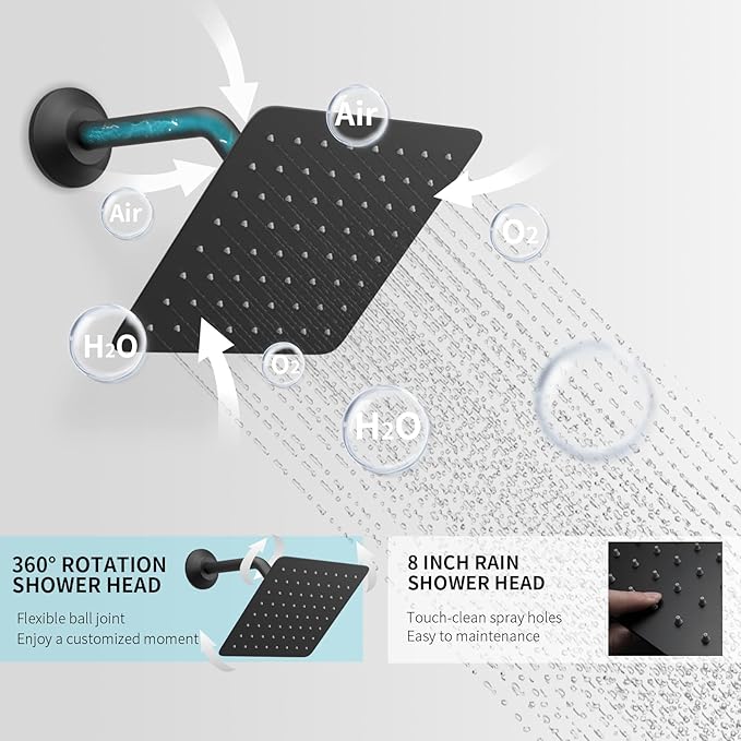 Matte Black Shower System Digital Tempreature Display Thermostatic Shower Faucet Set with 12 inch Ceiling Mount and 8 inch Wall Mount Shower Head, with 6 PCS Body Jet and Handheld Spray