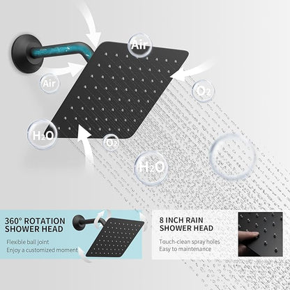Matte Black Shower System Digital Tempreature Display Thermostatic Shower Faucet Set with 12 inch Ceiling Mount and 8 inch Wall Mount Shower Head, with 6 PCS Body Jet and Handheld Spray