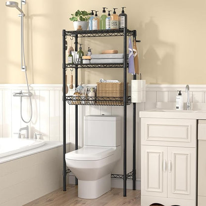 Over The Toilet Storage Shelf, Adjustable Bathroom Organizer with Toilet Paper Holder & 8 Hooks, 3 Tier Sturdy Metal Space Saver for Bathroom/Kitchen, Easy Assembly Above Toilet Shelf, Black