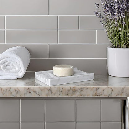 Marble Soap Dish - Soap Dish for Shower, Shower Bar Soap Holder, Real Marble Bathroom Tray, Decorative Stone Soap Dish with Drainage (Calacatta White, Wave Slot)