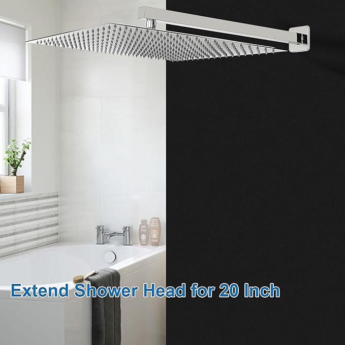 HarJue Shower Arm, Rain Shower Head Extension Extender, With Flange and Teflon Tape, Made of Thicken Stainless Steel for Bathroom Rainfall Shower (20 Inch, Chrome)
