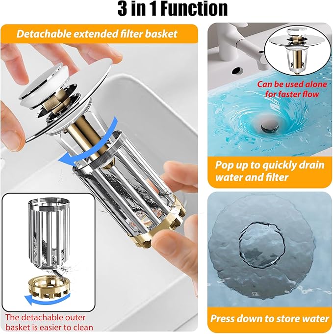 Bathroom Sink Drain Strainer, 3 in 1 Pop Up Bathroom Sink Stopper with Removable Brass Basket Hair Catcher, Universal Sink Plug for 1.06 to 1.6in Drain Hole, Chrome Silver