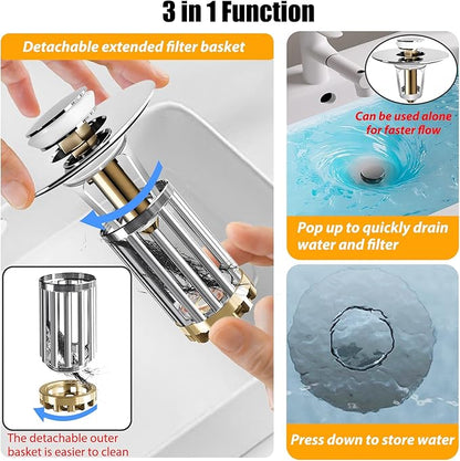 Bathroom Sink Drain Strainer, 3 in 1 Pop Up Bathroom Sink Stopper with Removable Brass Basket Hair Catcher, Universal Sink Plug for 1.06 to 1.6in Drain Hole, Chrome Silver