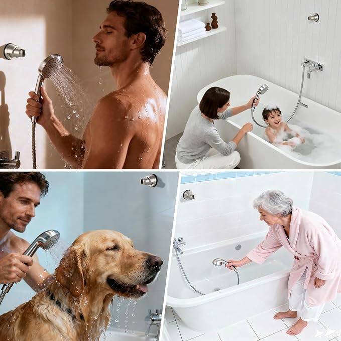 Hibbent Vacuum Suction Cup Shower Head Holder, Removable Shower Head Bracket, Height Adjustable Wall Mount ABS Plastic Suction Holder for Handheld Showerhead, Brushed Nickel