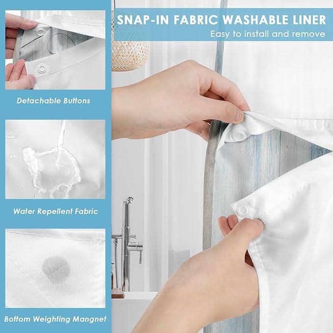 No Hook Blue Daisy Shower Curtain with Snap in Fabric Liner Set, Wooden Boards Double Layers Waterproof Fabric with See Through Top Window Open Grommet Bath Curtain 71x74 Inch