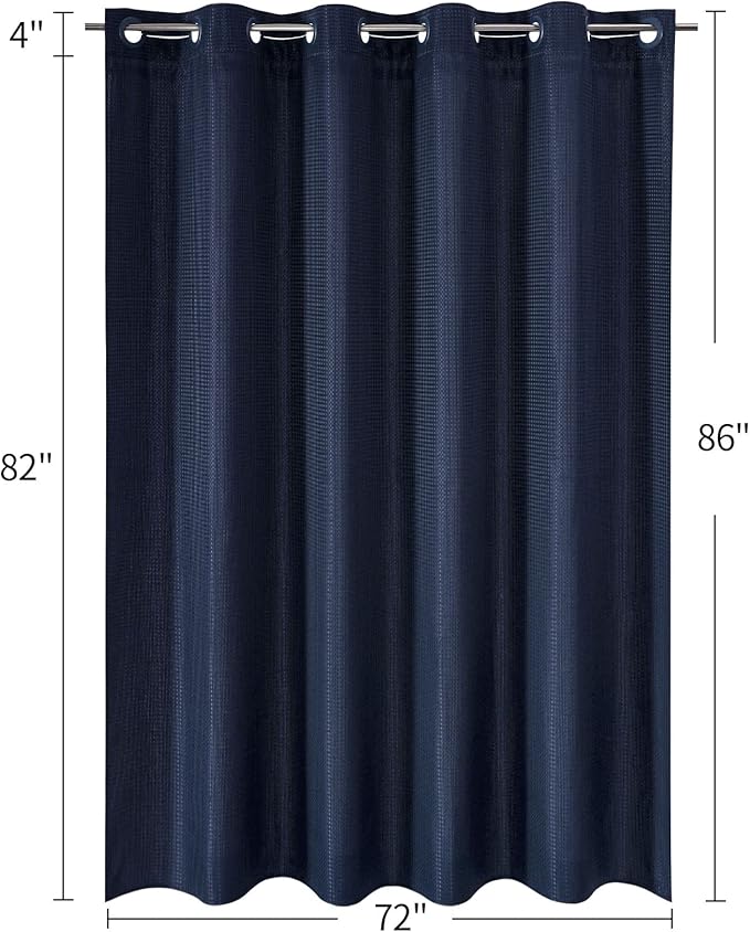 MitoVilla No Hooks Needed Extra Long Shower Curtain Liner Set, Navy Blue 86 inch XL Waffle Fabric Shower Curtains Set with Snap-in Liner for Luxury Hotel Grade & Spa-Like Bathroom Decor