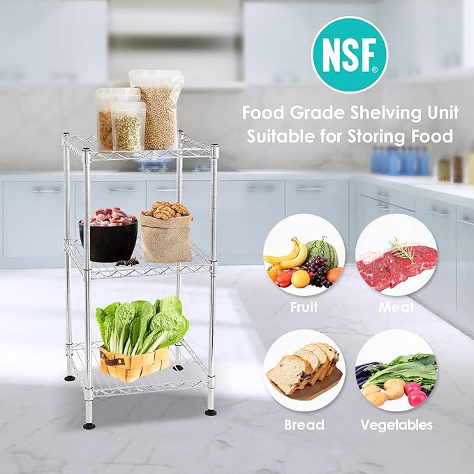 BNSPLY 3-Tier Adjustable Shelving Unit, Metal Wire Rack with NSF Certified, Leveling Feet, Standing Storage Shelf for Laundry, Bathroom, Kitchen, Pantry, Closet, Chrome