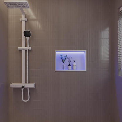 White Stainless Steel Shower Niche 18x12Inch, Dimmable RGB Led Light Wall Niche, No Tile Needed Recessed for Bathroom Storage Built-in Installation