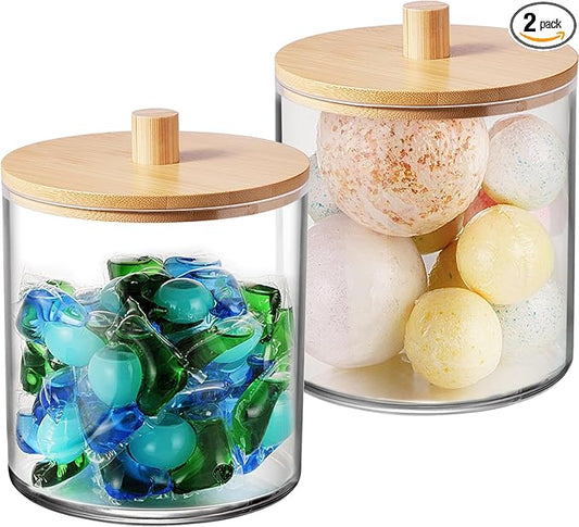 SheeChung 2 Pack 50 Oz Large Apothecary Jar with Bamboo Lid, Laundry Pods Container, Storage Jars for Bathroom Organization, Plastic Canisters with Cute Stickers Spoons(Natural)