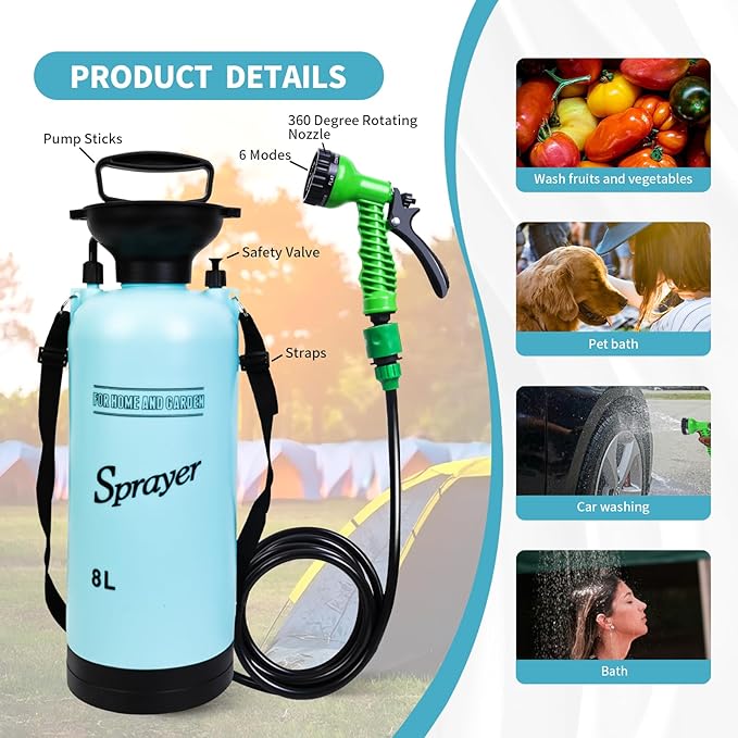 Portable Shower Blue 8L with 7 Spray Modes, Hand Press with Removable Hose and Shower Head