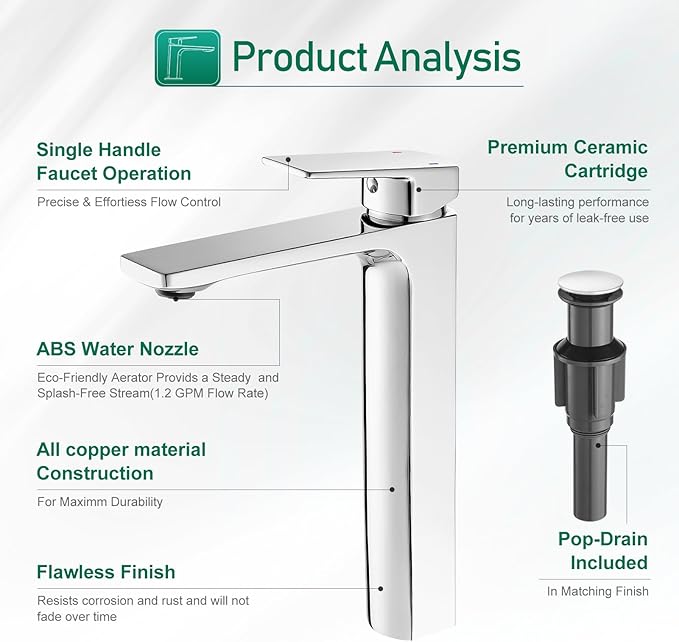 VOTON Vessel Sink Faucet Single Handle Tall Bathroom Sink Faucet Chrome Bathroom Vanity Faucet Basin Mixer Tap with Water Supply Lines and Pop Up Drain,Solid Brass