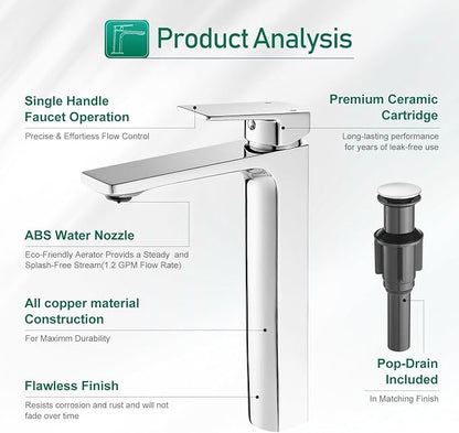 VOTON Vessel Sink Faucet Single Handle Tall Bathroom Sink Faucet Chrome Bathroom Vanity Faucet Basin Mixer Tap with Water Supply Lines and Pop Up Drain,Solid Brass