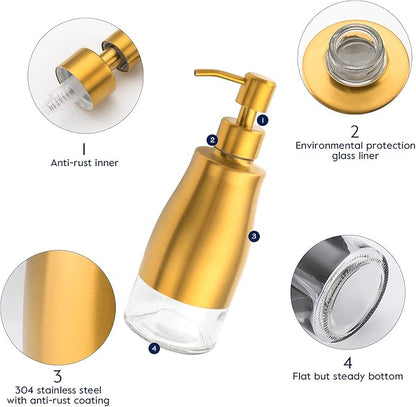 Gaussra Soap Dispenser with Coaster and Stickers, Brushed Gold Stainless Steel Glass Hand Pump Dispenser, Anti Rust Bottle, for Kitchen & Bathroom Detergent Bottle，Refillable Hand Liquid Dispenser