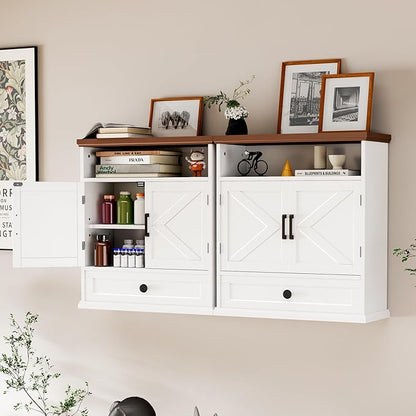 Bathroom Wall Cabinet, Farmhouse Wall Mounted Medicine Cabinet with Drawer, Barn Doors and Adjustable Shelf, 25"H x 23.6"W x 9"D White Over Toilet Storage Cabinet for Kitchen, Laundry Room, Entryway