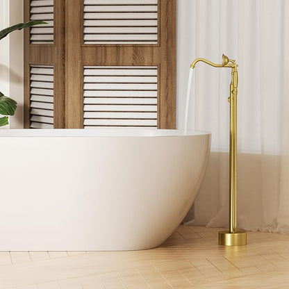 Brushed Gold Bathtub Faucet Freestanding Tub Filler High Pressure Single Handle Bathtub Filler Floor Mounted Brass Bathroom Tub Faucets with Handheld Shower