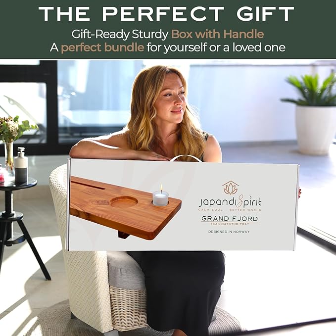 Grand Fjord | Teak Bathtub Tray for Large Soaking Tub | Extra Long 35” Luxury Bath Caddy for Freestanding Tubs | Minimalist Wooden Tub Tray with Candle Holders & Premium Towel by JapandiSpirit