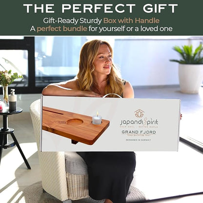 Grand Fjord | Teak Bathtub Tray for Large Soaking Tub | Extra Long 35” Luxury Bath Caddy for Freestanding Tubs | Minimalist Wooden Tub Tray with Candle Holders & Premium Towel by JapandiSpirit
