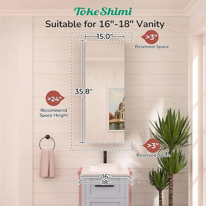 TokeShimi 15 x 36 Farmhouse Medicine Cabinet Recessed or Surface Mount Aluminum, Mirror with Stepless Adjustable Storage, Silver Bathroom Mirror Medicine Cabinet Frameless Metal Modern