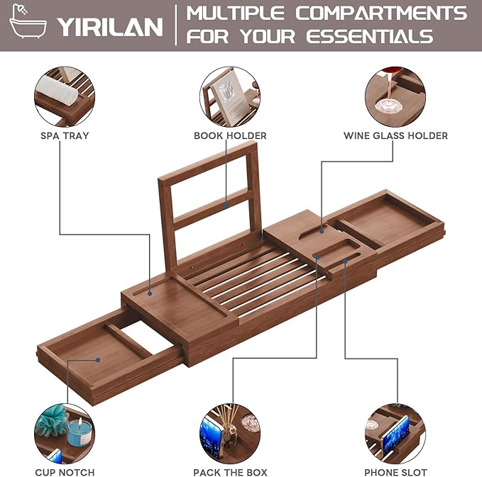 Yirilan Bamboo Bathtub Tray, Expandable Bathroom Tray,Browm