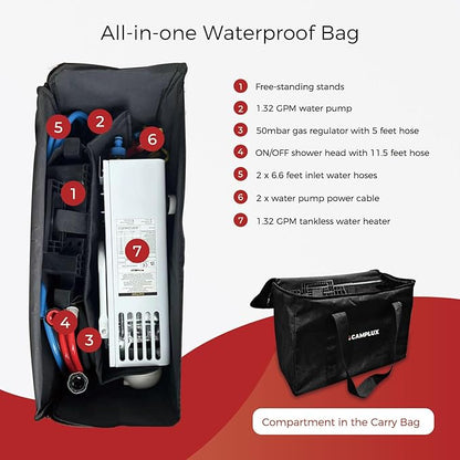CAMPLUX Outdoor Portable Propane Caming Water Heater 1.32 GPM with Pump Pack Kits, Freestanding Stand & Carry Bag, AY132Max, White