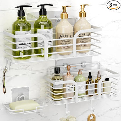 Yougai Bathroom Vanity Tray, Countertop and Vanity Tray and soap holder, 3pack Shower Caddy, No Drilling,Rustproof Adhesive Shower Organizer Shelves for Inside Shower, White Bathroom Tray Soap Tray