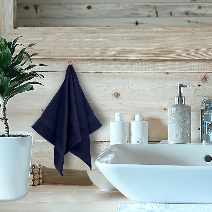 Monogrammed Hand Towel, Personalized Initial Gift, Extra Absorbent 100% Turkish Cotton - Soft Terry Finish - Set of 2 - White Block Initial T - Embroidered on Navy Blue Towels