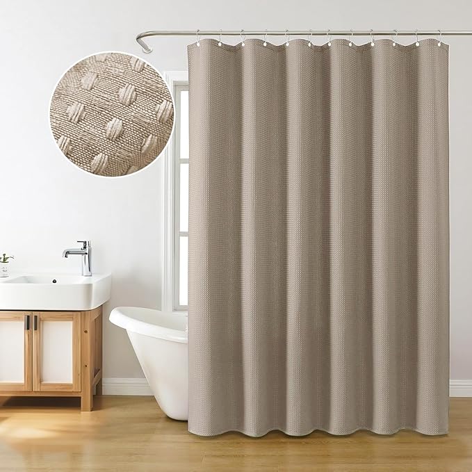 Inhousolu Fabric Shower Curtain Waffle Weave, 230 GSM Heavy Duty, Weighted Hem, 12 Metal Hooks, Water Repellent, Machine Washable, Hotel Spa Luxury Bath Curtain Set, 60 x 72 Inch, Beige