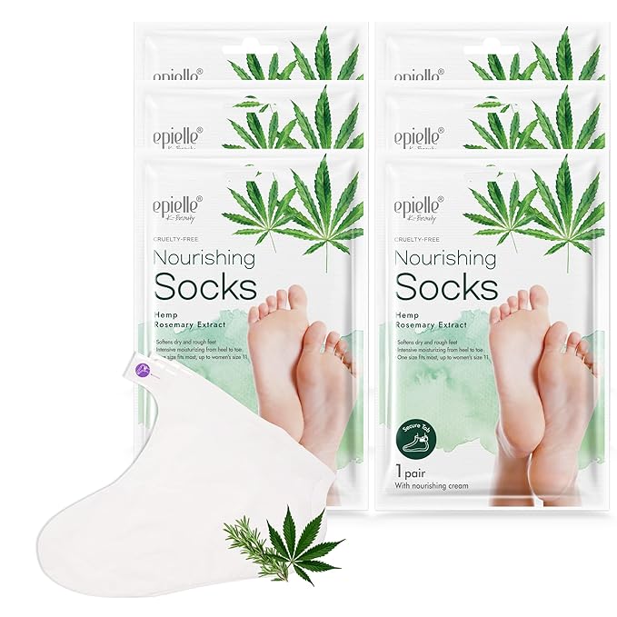 Epielle Nourishing Foot Mask 6 Pairs, Repair and Soften with Hemp & Rosemary Extract, Deep Moisturizing Socks for Dry, Cracked Feet, Self Care Gifts for Women, Spa Kit, Stocking Stuffers