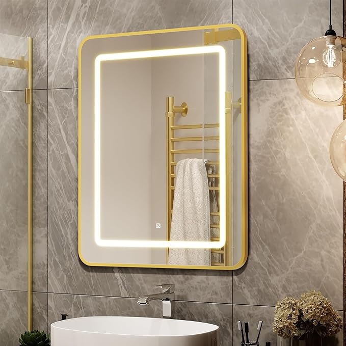 APRILSOUL 16X24 Inch Gold Bathroom Medicine Cabinet with Mirror, Recessed or Surface Lighted Medicine Cabinet with 3 Colors Temperature, Dimmable Light
